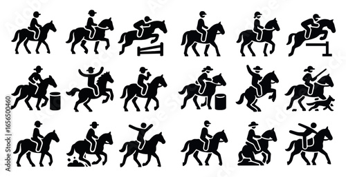 Equestrian silhouette icons set – riding, horseback, equine competition symbols