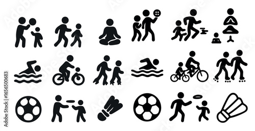 Sports and fitness icons set – silhouette, solid, recreation and exercise symbols