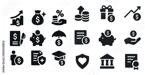 Financial and money solid icons set – budgeting, banking, economic symbols