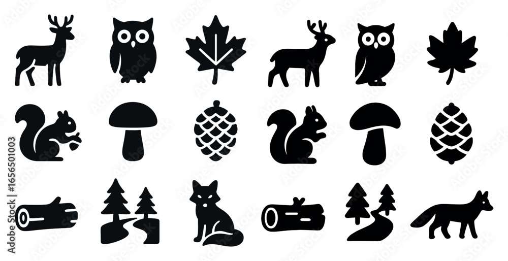 Obraz premium Forest and woodland silhouette icons set – nature, wildlife, outdoor symbols