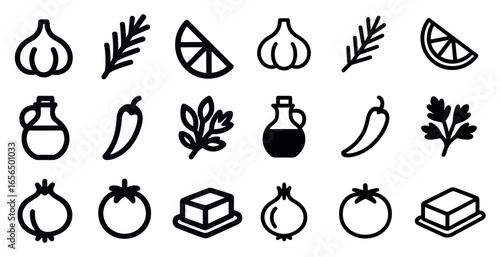 Cooking ingredients icons set – outline, linear, culinary and kitchen essentials