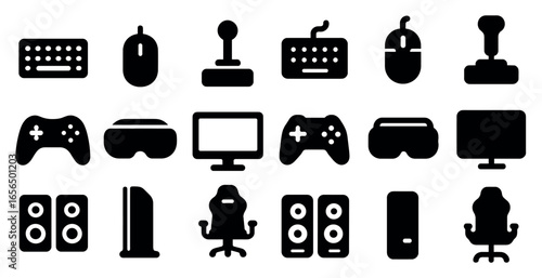 Gaming and technology solid icons set – devices, esports, immersive experience symbols