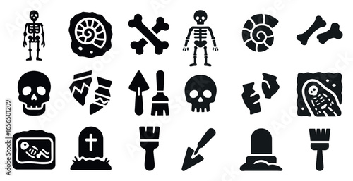 Archaeology solid icons set – ancient, historical, and excavation symbols