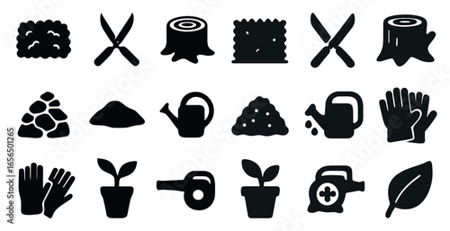 Gardening solid icons set – filled, yard work and horticulture symbols