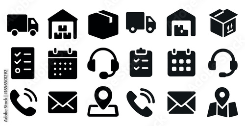 Logistics and delivery solid icons set – flat, filled, shipping and fulfillment symbols