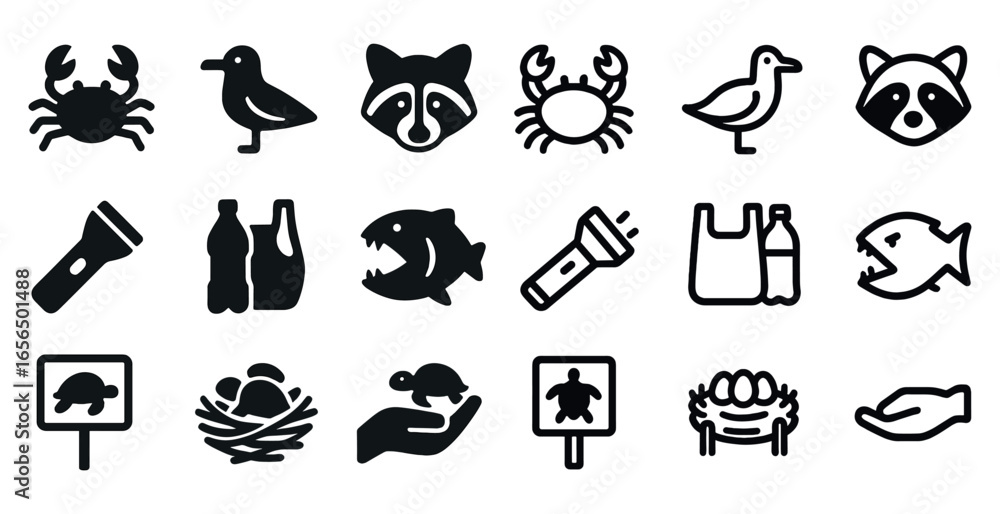 Fototapeta premium Wildlife conservation icons set – flat, filled, nature and preservation symbols