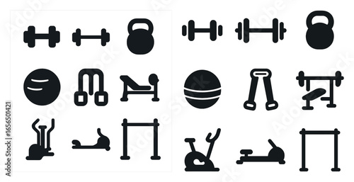 Fitness and gym silhouette icons set – workout, exercise, training symbols