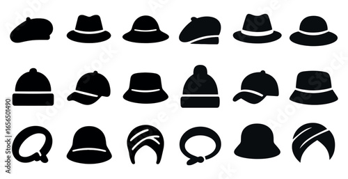 Hat and headwear silhouette icons set – caps, beanies, hat style collection