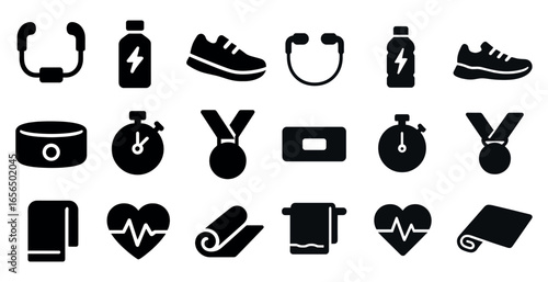 Fitness and exercise solid icons set – silhouette, filled, workout and training symbols