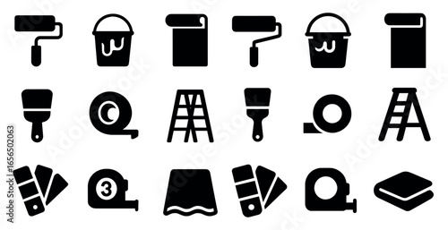 Home renovation silhouette icons set – paint, tools, diy symbols