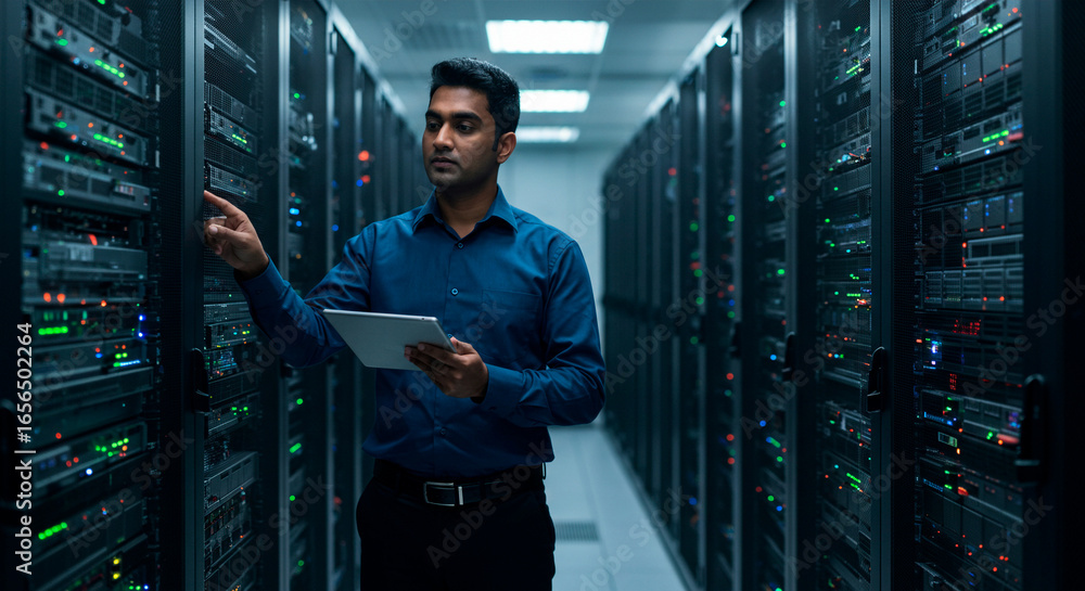 Fototapeta premium Close-up of an IT engineer working in a server room, holding a digital tablet