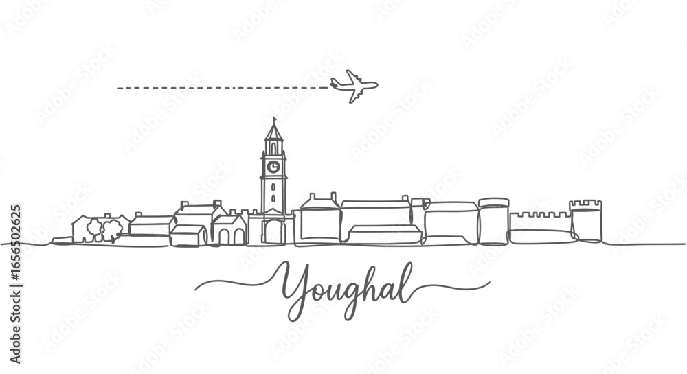 Obraz premium Youghal with Ireland Skyline, and One Line Drawing.