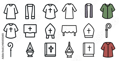 Religious attire icons set – outline, linear, church and clergy wardrobe symbols