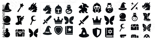 Fantasy and magic solid icons set – filled, adventure, mythical symbols
