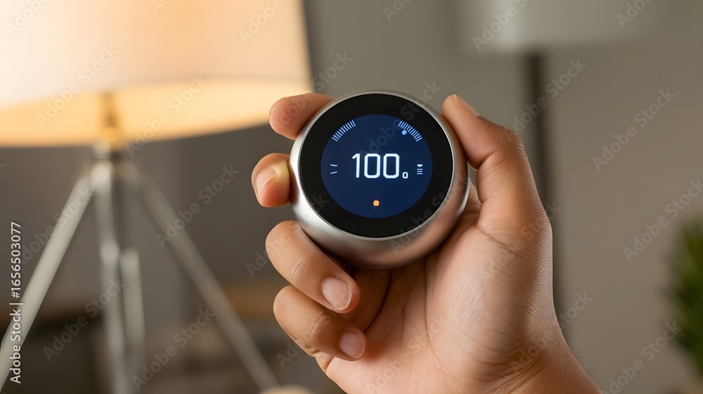 Fototapeta premium Hand holding a smart thermostat displaying 100 degrees