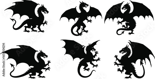 Black Silhouette Flying Dragons Set, Fantasy Mythical Creatures Vector Illustration, Medieval Winged Beast Icons for Tattoo, Logo, or Design