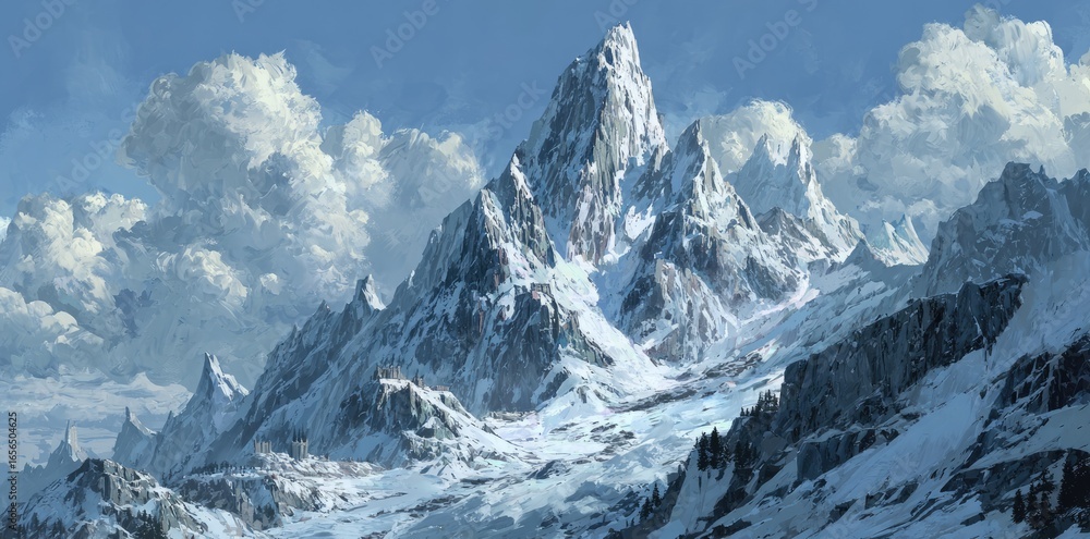 Obraz premium Snowy mountain peaks under a partly cloudy sky