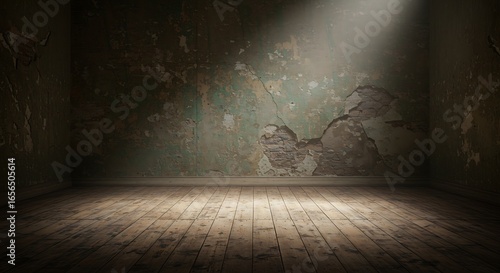Distressed Room with Wooden Floor and Light Beam on Plaster Wall