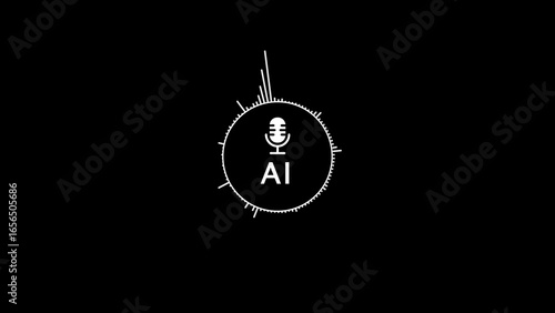 White A I microphone icon with circular sound wave equalizer on black background artificial intelligence