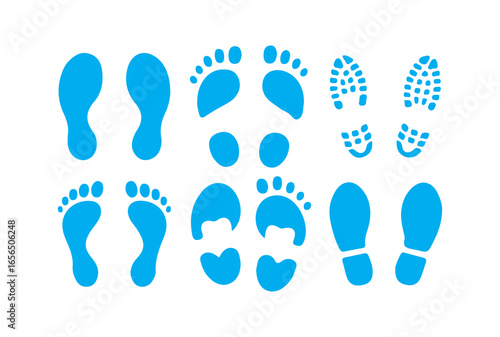 Blue footprint and shoe print icon set. on a white background. footsteps icon or sign for print, Trail shoes on white background. Victor illustration eps10