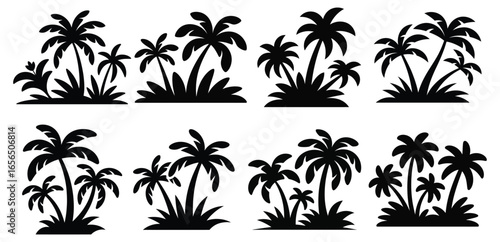 Eight Black Silhouette Tropical Palm Trees With Foliage On White Background island nature