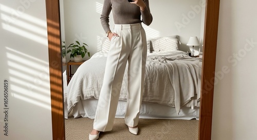 Elegant woman in wide-leg trousers and heels reflected in a bedroom mirror