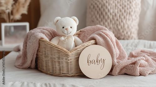 Teddy bear in wicker basket with soft blanket and wooden signs with 