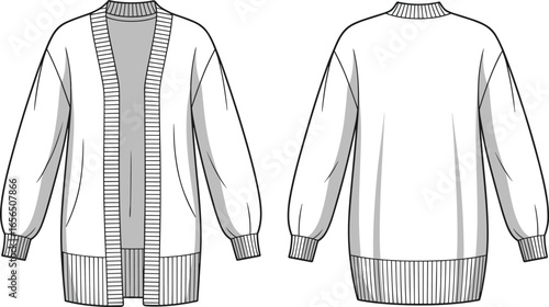  Oversized Women's Open-Front Cardigan CAD Drawing Flat Vector Illustration, Fashion Apparel Template for Relaxed Fit Design and Production