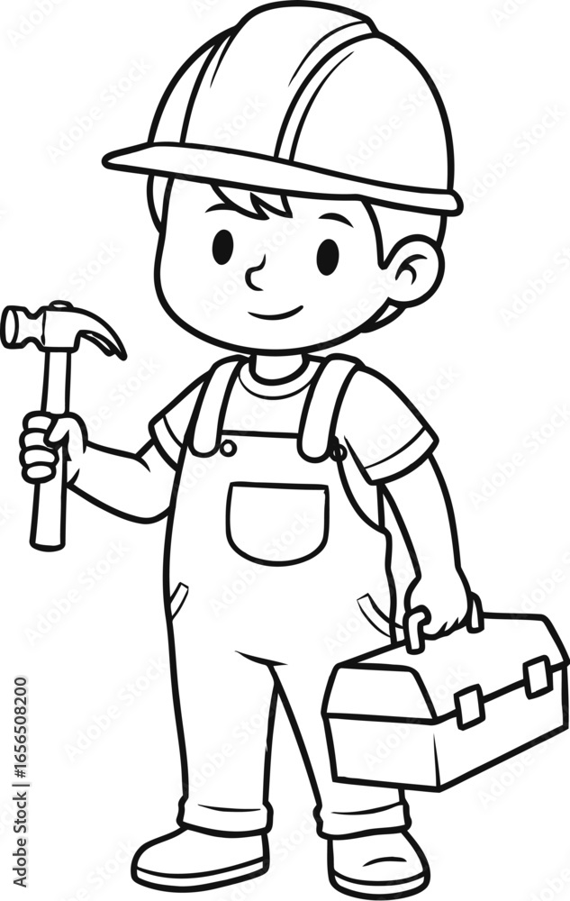 Cartoon Builder with Hammer and Toolbox on a White Background Cartoon Builder with Hammer and Toolbox on a White Background