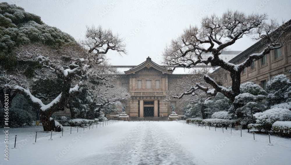 Naklejka premium Snowy Japanese-style building. Winter scene