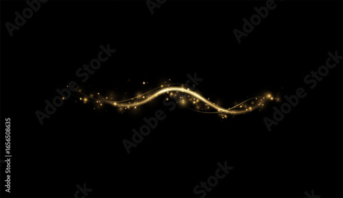 Golden curved light line.Confetti sparkles in a wave. Sparkling magical dust particles.golden stars shine with special light. Magical shining gold dust.
