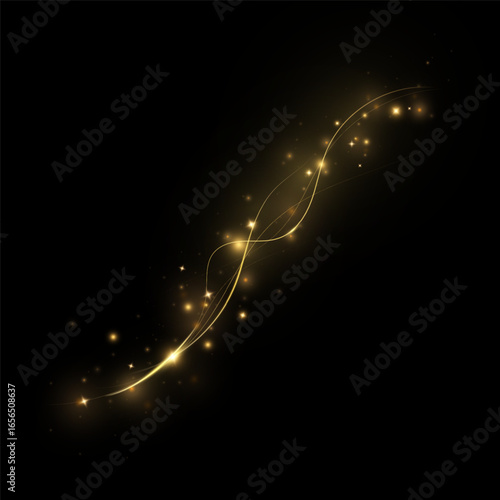 Golden curved light line.Confetti sparkles in a wave. Sparkling magical dust particles.golden stars shine with special light. Magical shining gold dust.	