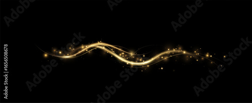 Magic golden wind png festive isolated on transparent background. Golden comet with sparkling stars and dust. Powder dust light . Magic shining gold dust.	