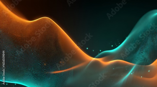 Abstract illustration with organic curves of connected small spheres in orange and teal hues,