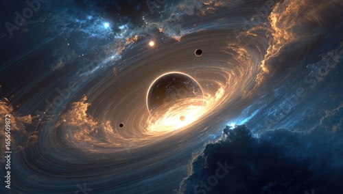 Cosmic vortex with swirling planets and nebulae