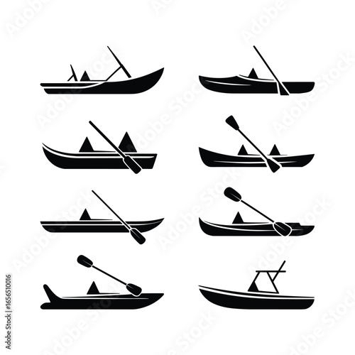 Collection of silhouetted kayaks and canoes with paddles in various poses