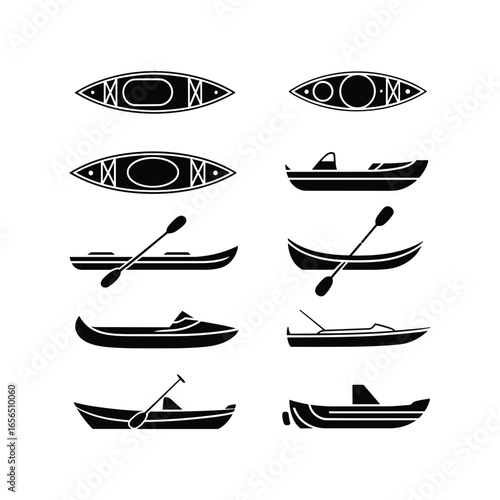 Collection of silhouetted kayaks canoes and boats from top and side views