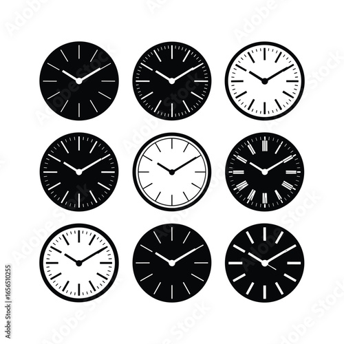 Collection of nine analog clocks showing different times in black and white