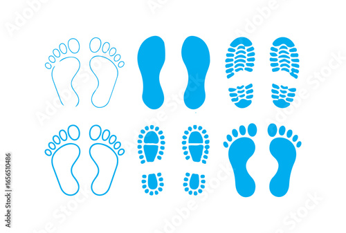 Blue footprint and shoe print icon set. on a white background. footsteps icon or sign for print, Trail shoes on white background. Victor illustration eps10
