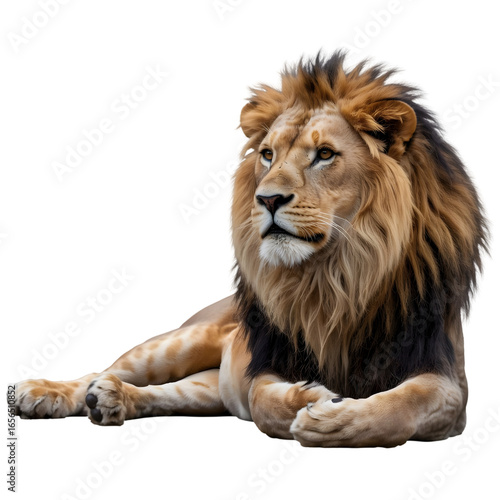 Powerful lion resting, gazing into the distance isolated on transparent background, a symbol of strength