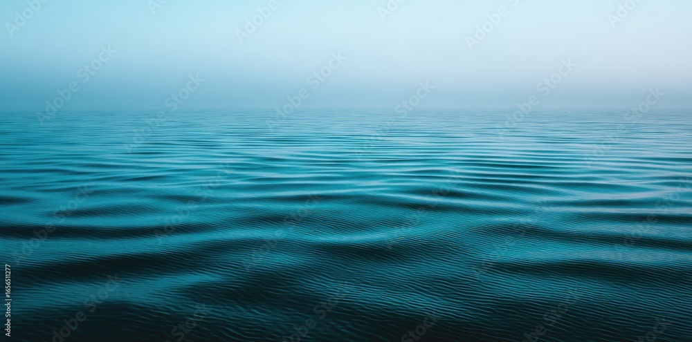 Fototapeta premium Calm, rippled teal water surface, soft light, misty atmosphere