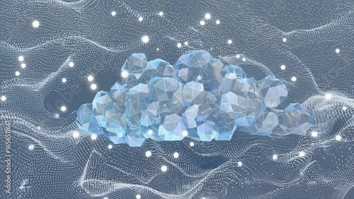 A low-poly geometric cloud with glowing particles floating over a shimmering digital mesh. Represents cloud computing, data storage, network connections, or futuristic technology.
