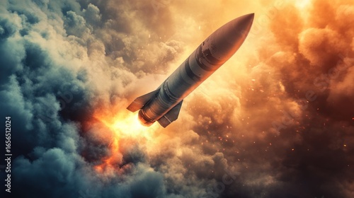 Missile launches amidst dramatic fiery clouds
