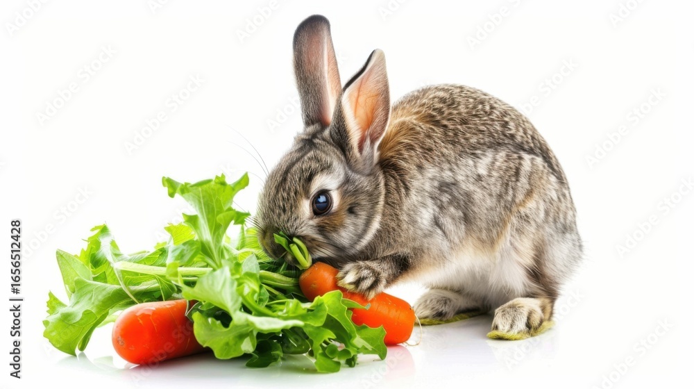 Obraz premium Adorable Baby Rabbit: A Pet Enjoying Fresh Vegetables in a Farm Setting
