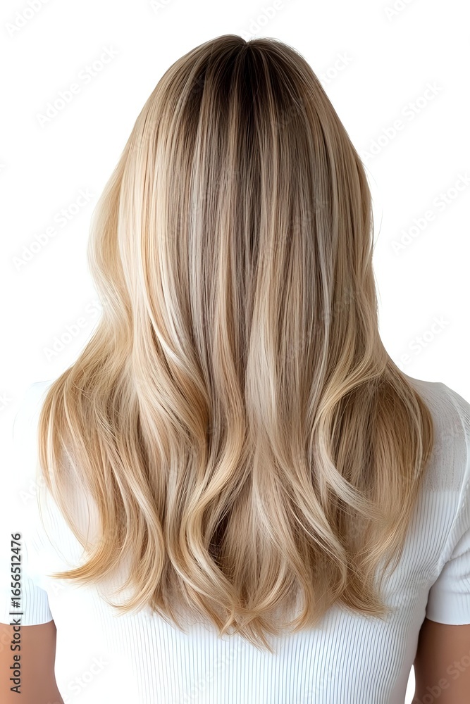 Obraz premium Back view of long wavy blonde hair with natural balayage highlights on white background, showing modern haircut and styling technique for beauty and salon industry.