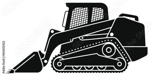 Black Silhouette of Compact Tracked Skid Steer Loader with Bucket, Heavy Construction Equipment Vector Illustration for Excavation, Landscaping, and Industrial Work Machinery