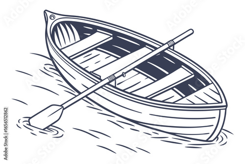 Rowboat with oar on water surface, simple line drawing