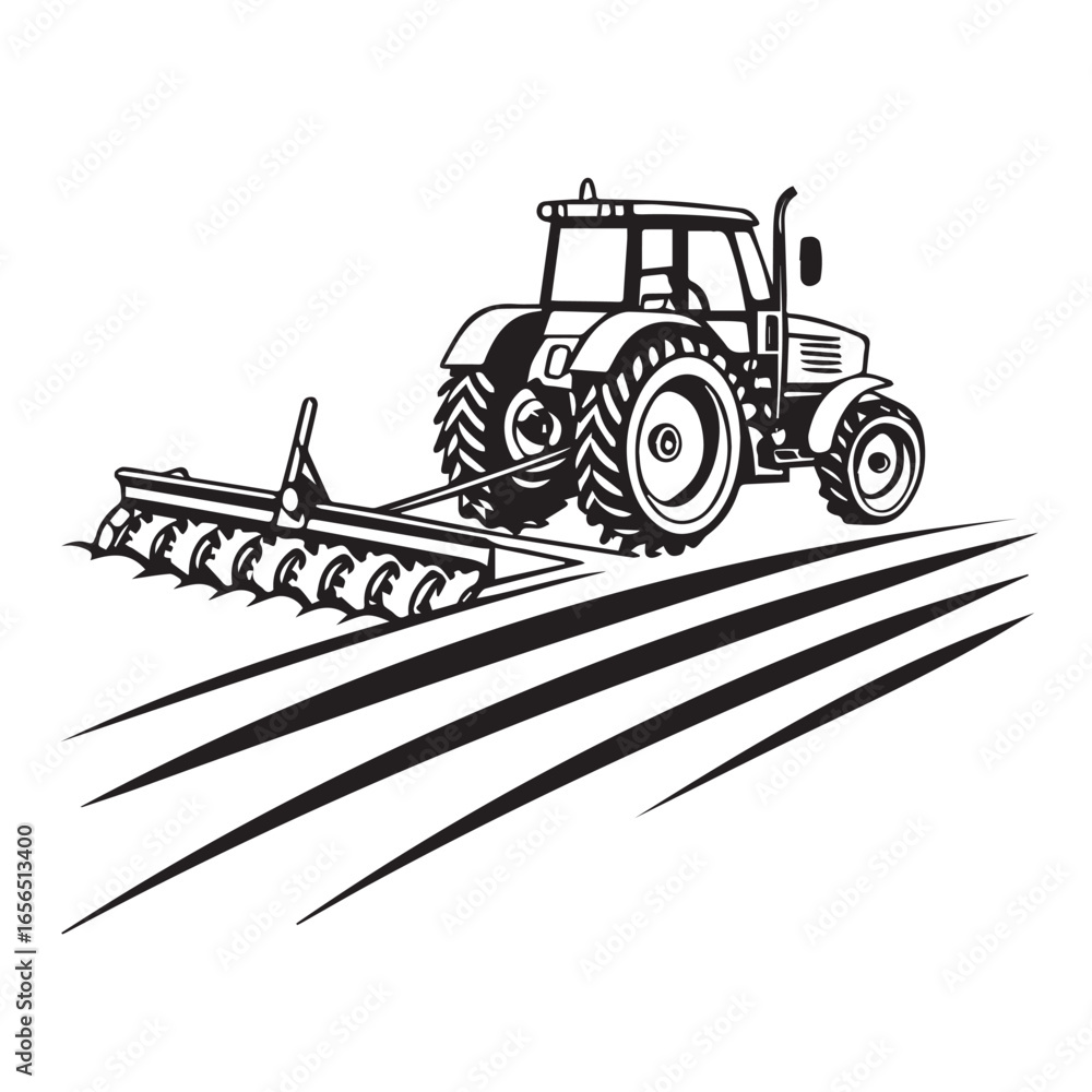 Naklejka premium A black and white illustration of a tractor plowing a field, symbolizing agricultural work and rural life, isolated on a white background