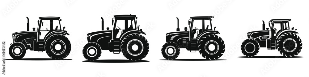 Obraz premium Set of Four Black Silhouette Tractors with Different Designs, Agricultural Farming Vehicles Vector Illustration for Farming, Agriculture, and Rural Work Equipment