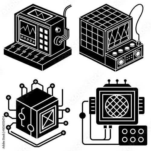 Isometric vector illustration of four futuristic devices with screens and various controls and connections
